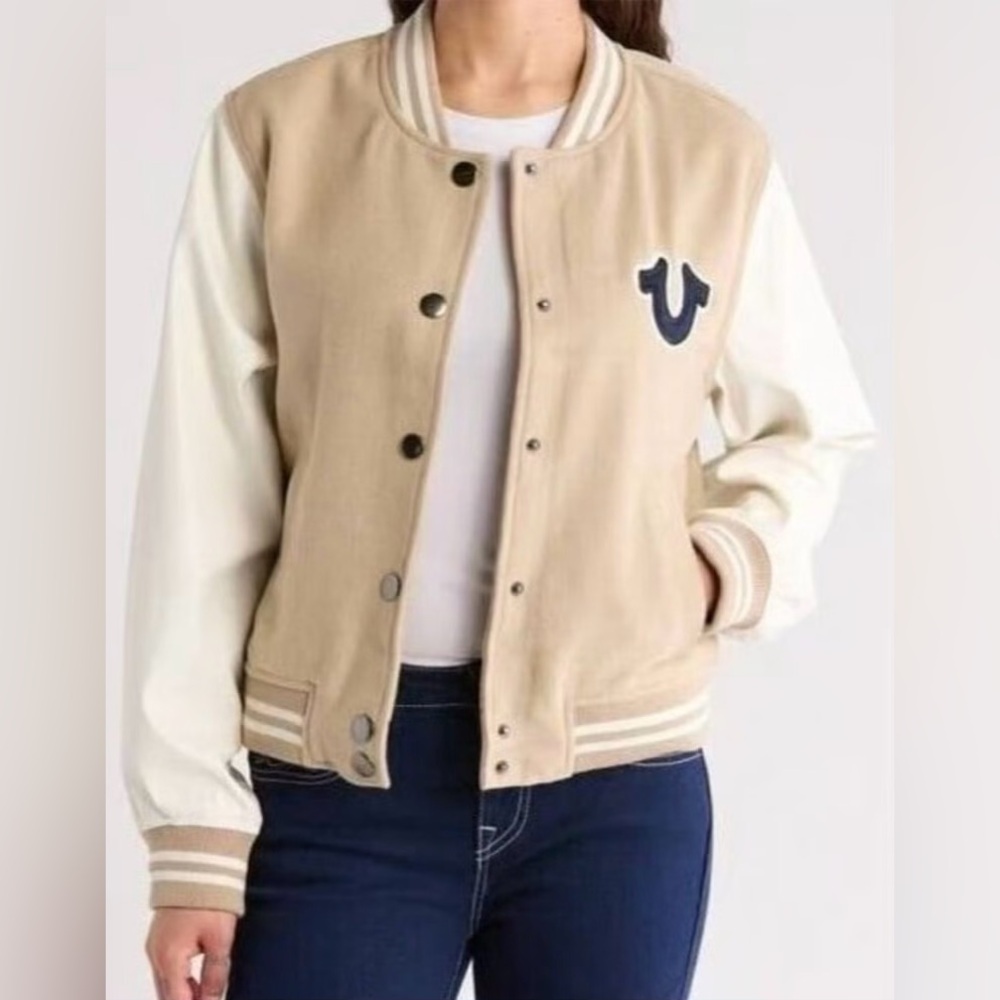 NEW! True Religion True Varsity Jacket Travertine/Winter White Size M $239